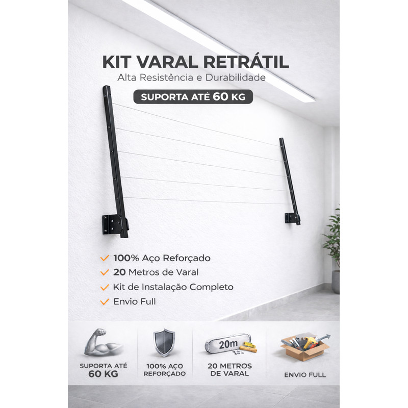 Varal de Roupa de Parede Retrátil de alumínio para Sacada Até 60 kg - PRETO