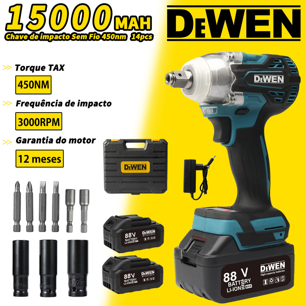 Chave de impacto Sem Fio 450nm sem escova com 2 baterias 88V Com Maleta e Acessórios 14pcs【127/220v】