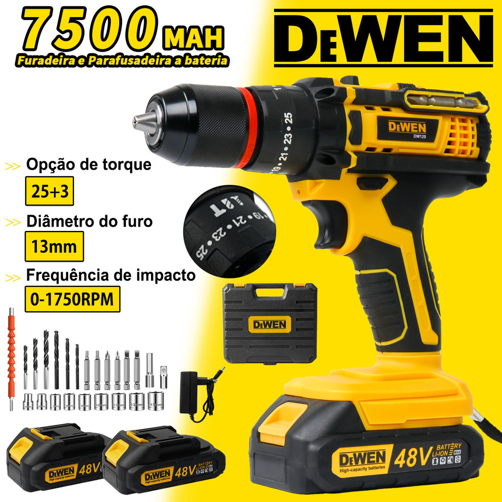 Parafusadeira Furadeira De Impacto Sem Fio 2 Baterias 48V mandril de 13mm  Acessórios completos