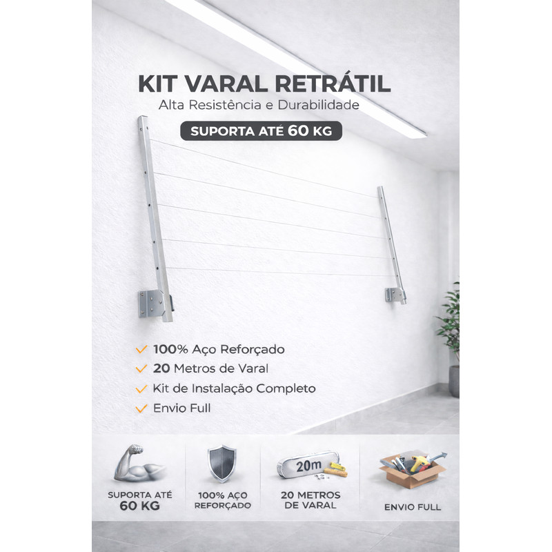 Varal De Parede De Roupa Retrátil Em Aço Dobravél, Cabo De Aço Encapado - ENVIO FULL
