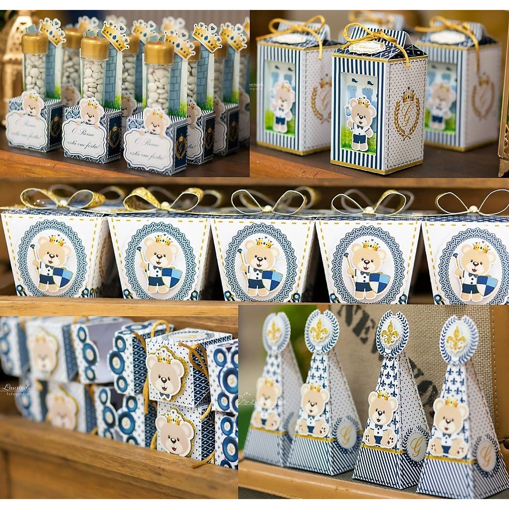 PEGUE E MONTE LEMBRANCINHAS - KIT FESTA CAIXINHAS PERSONALIZADAS - TEMA URSINHO PRINCIPE REALEZA - ANIVERSÁRIO
