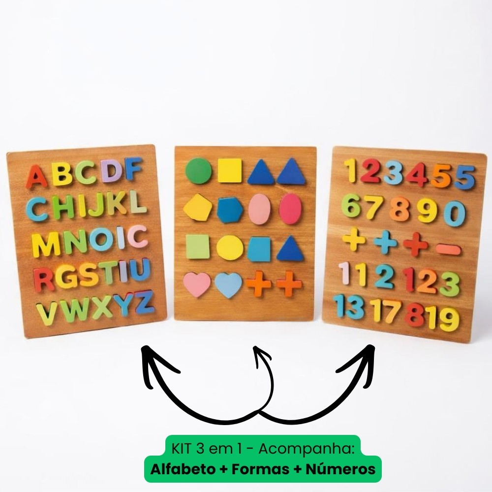 Kit Aprenda Brincando Educativo 3 em 1 Madeira Alfabeto Números Formas em Oferta na Shopee