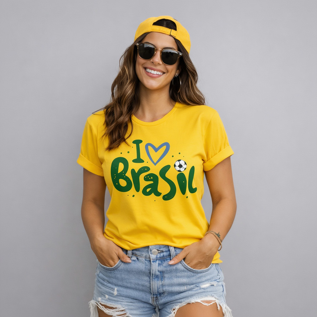 Camiseta Estampada Copa do Mundo Feminina Blusinha I LOVE BRASIL T-Shirt Seleção Brasileira 100% algodão Futebol