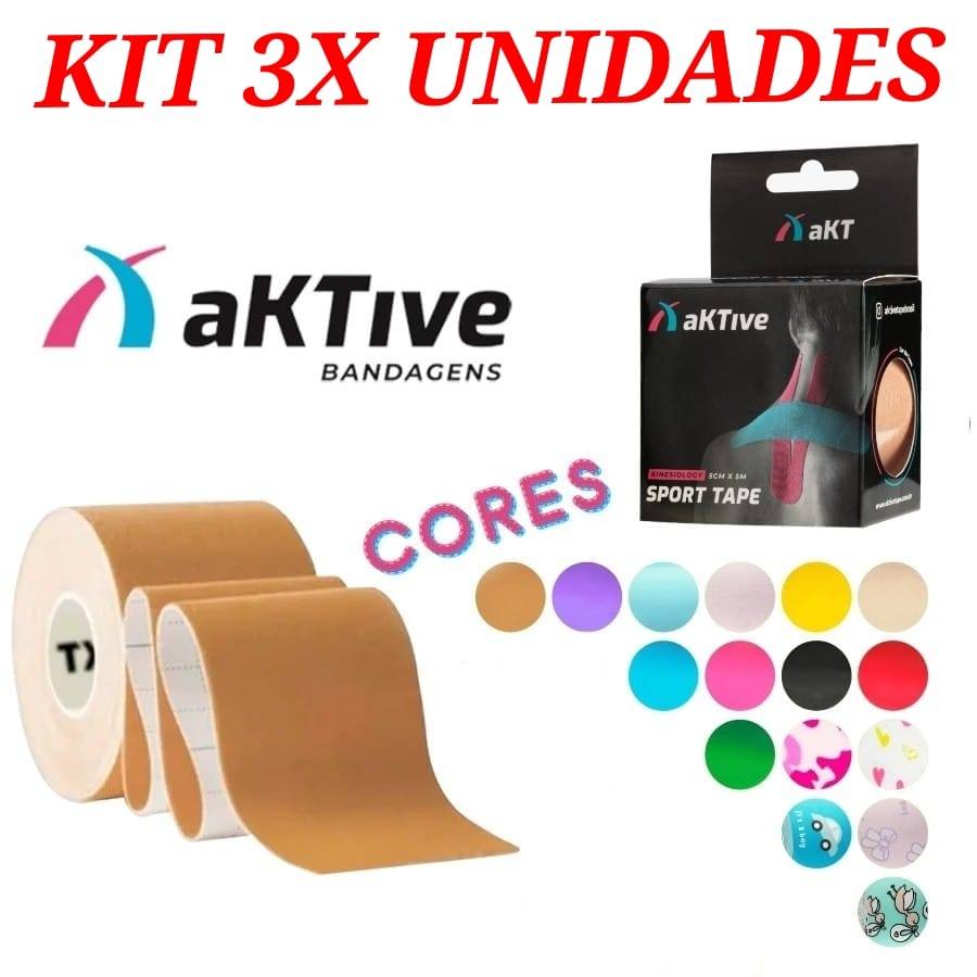 KIT 3X Três Bandagem Elástica Fita Adesiva Kinésio Tape Original Aktive Fisioterapia Pós cirúrgico ortopedia