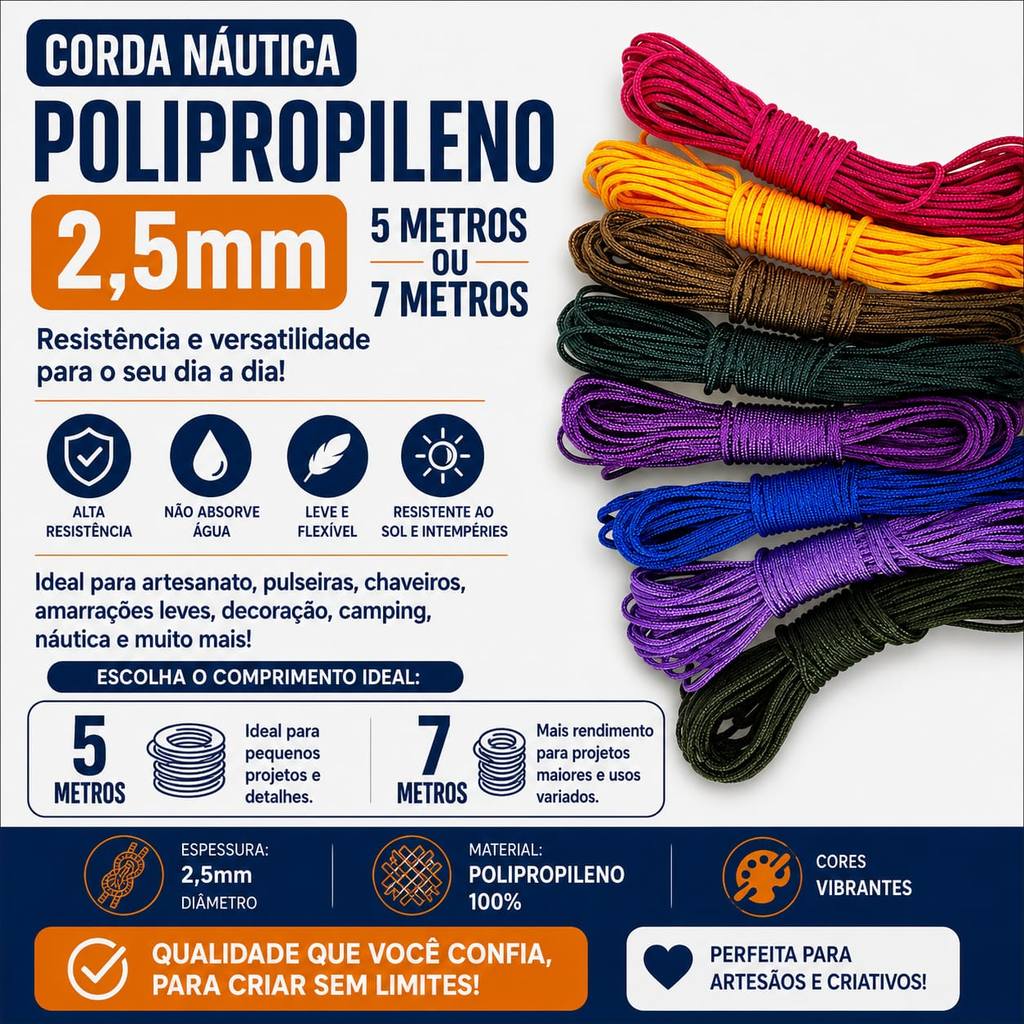 Corda Náutica de Polipropileno 2,5 Milímetros Com (5 metros7metros)