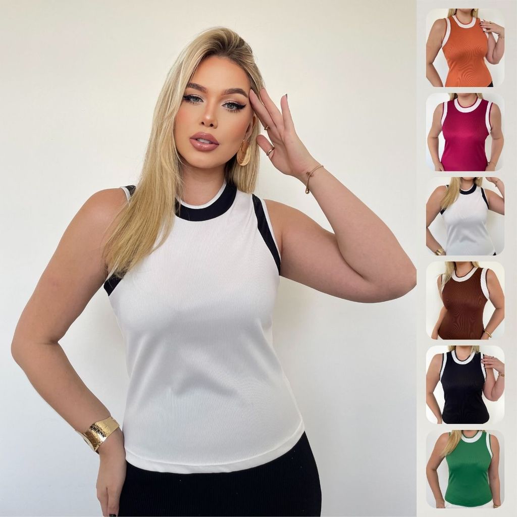 Blusa Regata Feminina Canelada Bicolor Alça Larga Casual Estilosa Verão Confortável