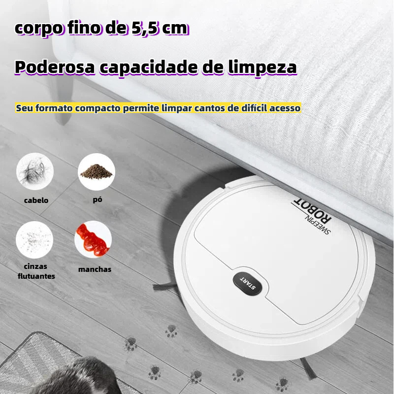 Este aspirador robô inteligente 3 em 1 possui uma potente sucção de 1200PA, sendo ideal para a limpeza doméstica, e vem