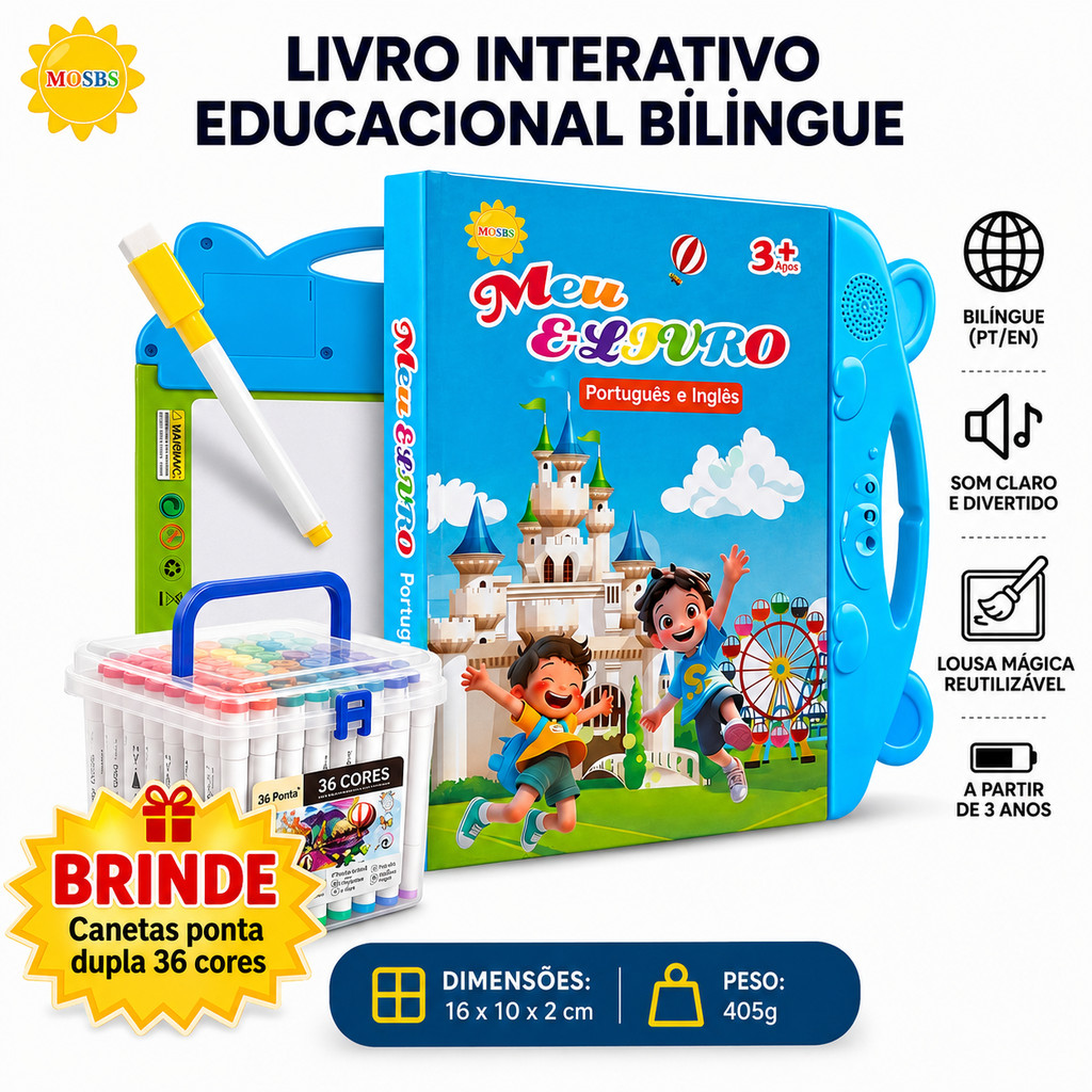 Livro Infantil Educativo com Som e Escrita | Bilíngue PT/EN + Lousa Mágica + Caneta