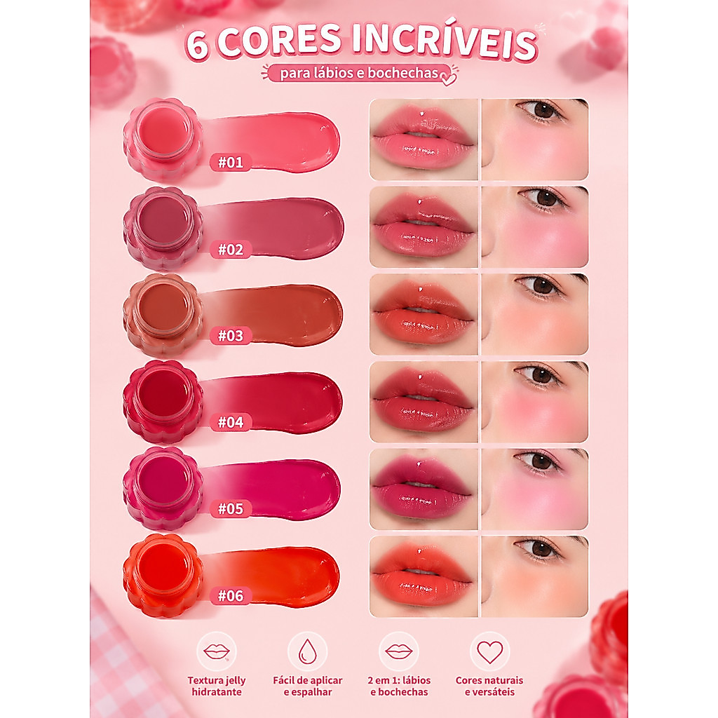 Kit c/6uni Lip JellyTint & Blush Jelly Pot Labranche 2 Em 1 Lábios E Bochechas Longa Duração