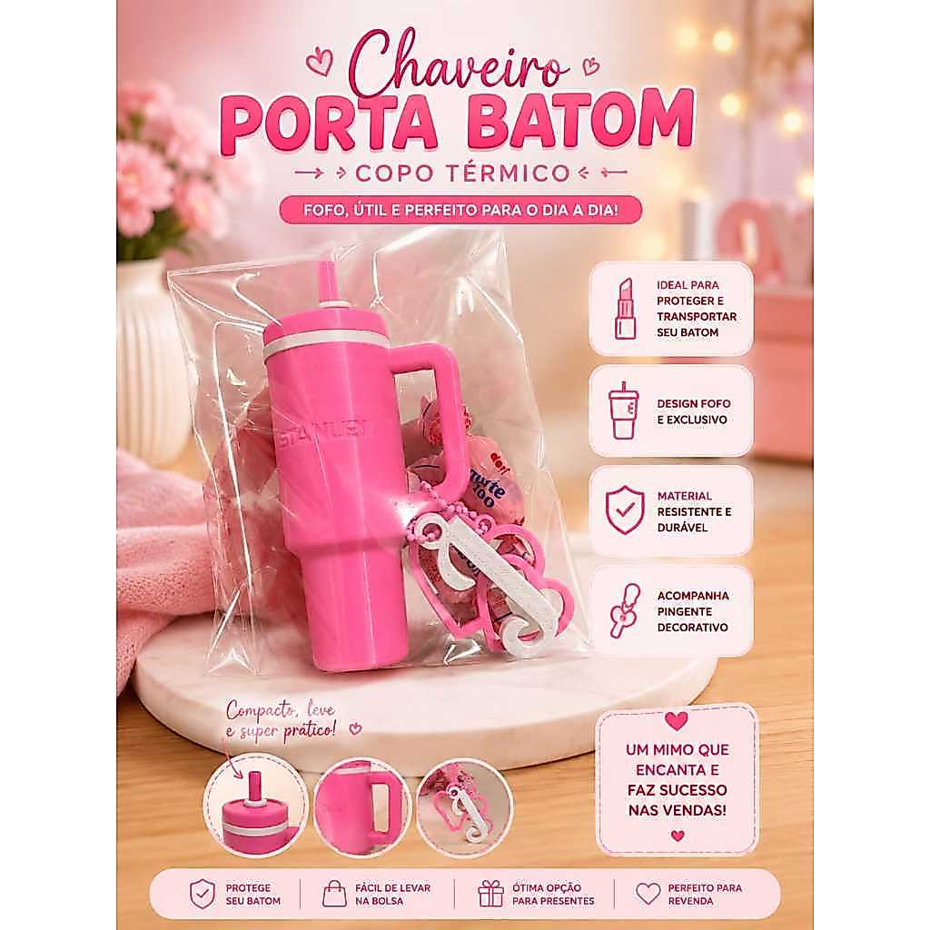 Kit Chaveiros Mini Copo e Inicial do nome - Copo Porta OB Porta Lip Stick - Estilo e Praticidade - Presente