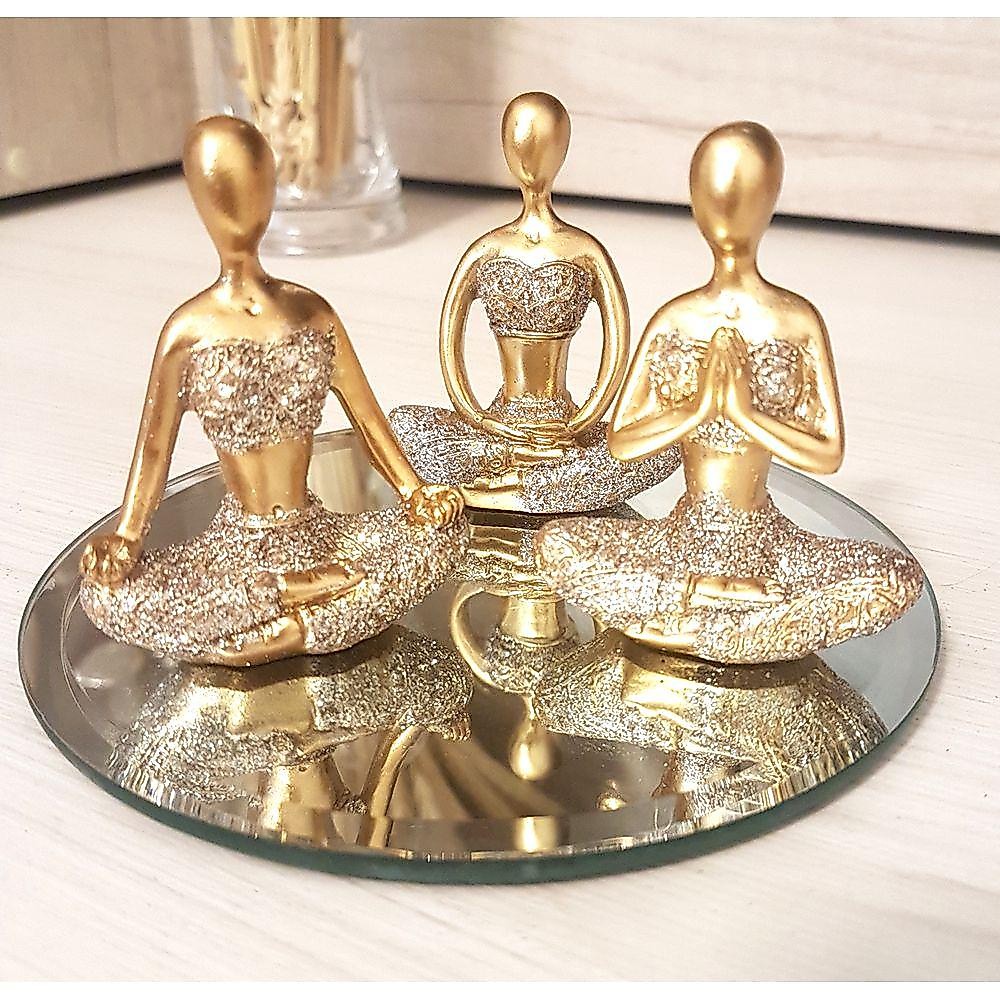 Kit Com 3 Estátuas Enfeite Decorativo Meditação Posições De Yoga 6cm + Bandeja Espelhada