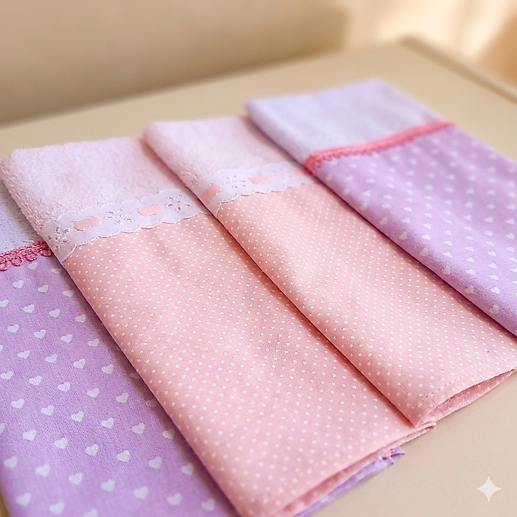 Kit 4 Panos de Prato Rosa Decorados Barrado Coração e Bolinha Algodão Alta Qualidade