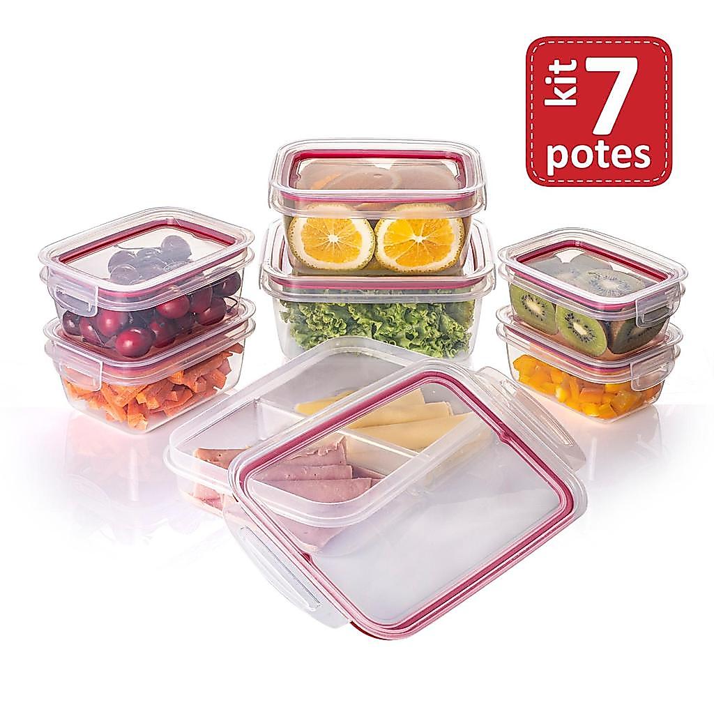 Kit 7 Potes Porta Mantimentos Herméticos Empilháveis Plástico para Geladeira Despensa Armário Borracha Vermelha Plasútil