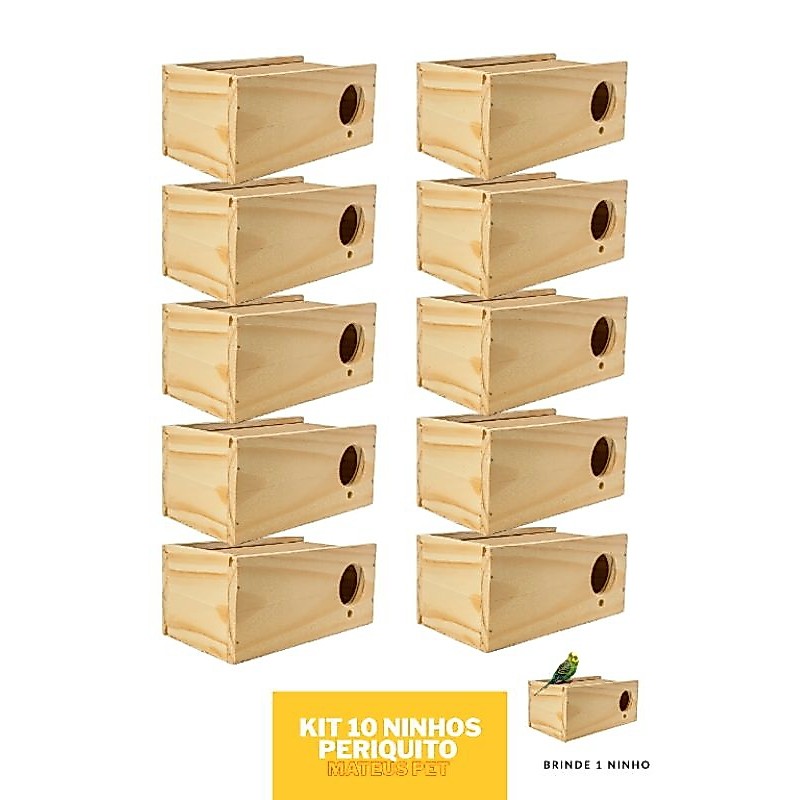 Kit 10 ninhos de madeira para Pássaros Aves Periquito gaiola criadeira reprodução + 1 BRINDE