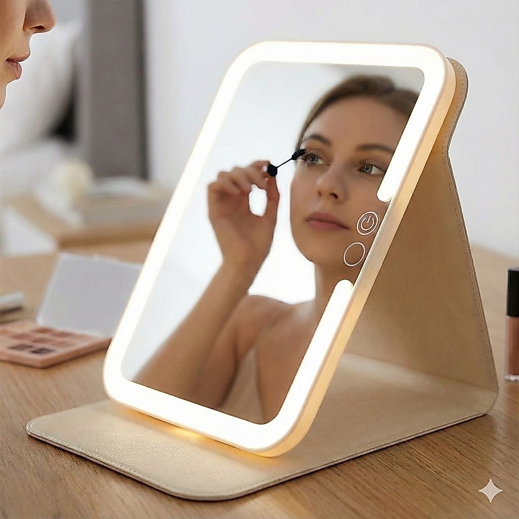 Espelho LED Portátil com Capa Recarregável Touch USB