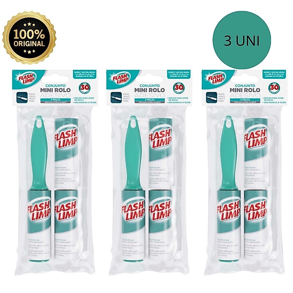 Mini Rolo Adesivo + 2 Refis Tira Pelos 30 folhas Flash Limp