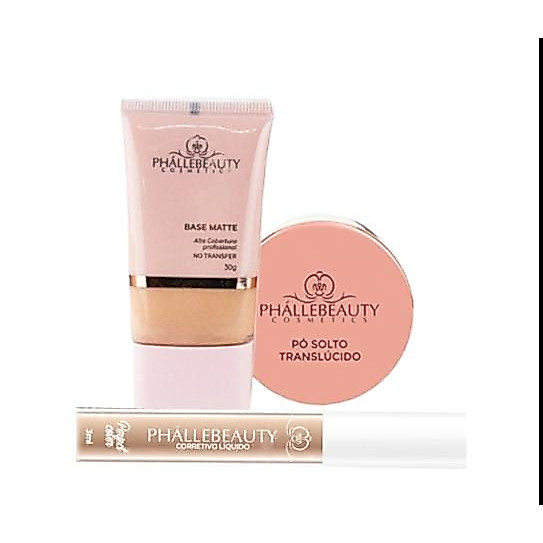 Kit com Base Matte +Corretivo Liquido +Pó Translucido Phállebeauty