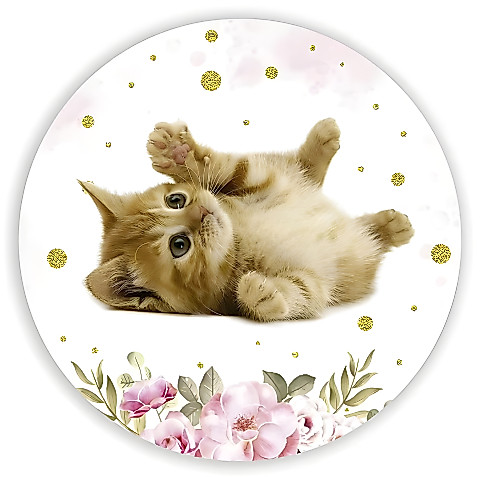 Painel Festa Infantil Redondo Gatinho Fofo, detalhes Dourado + Arco, Suporte incluso. Fazemos personalizado com qualquer tema. Confeccionado em Lona fosca, impressão de alta resolução. cenário Circular p/ Decoração
