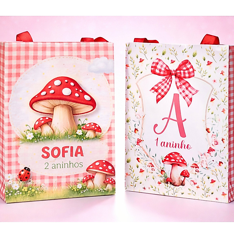 Sacolinha M Personalizada Cogumelo Vermelho Jardim Encantado lembrancinha Infantil