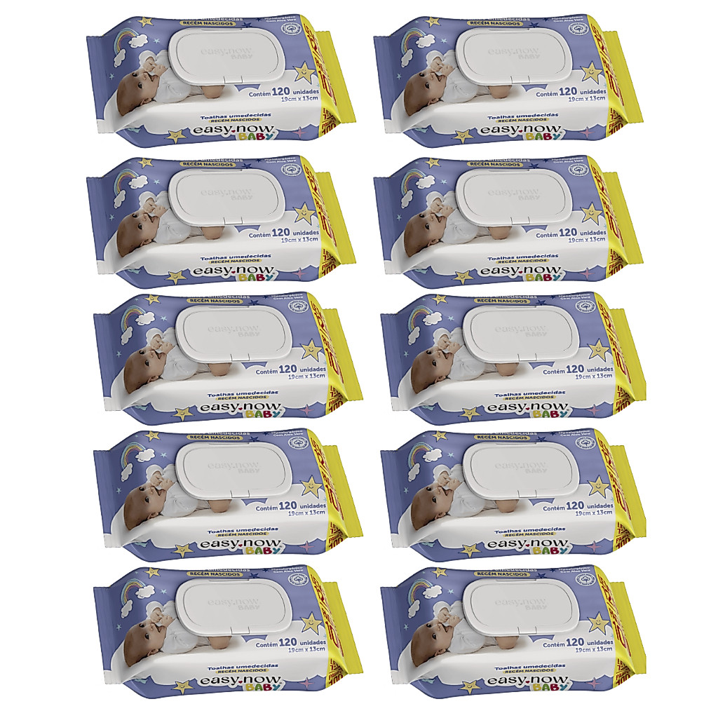 Toalhas Umedecidas para Bebê 10 Pacotes de 120 Folhas cada com Tampa Flip Top Easy Now Baby