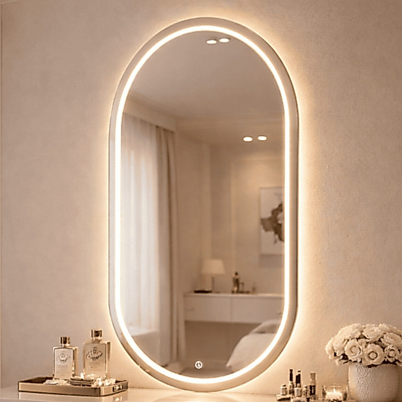 Espelho Oval 40x80cm Jateado Com 3 Cores Led com Botão Touch Lapidado Decoração