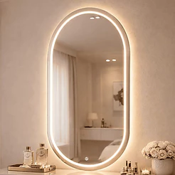 Espelho Oval 40x80cm Jateado Com 3 Cores Led com Botão Touch Lapidado Decoração Quarto Banheiro