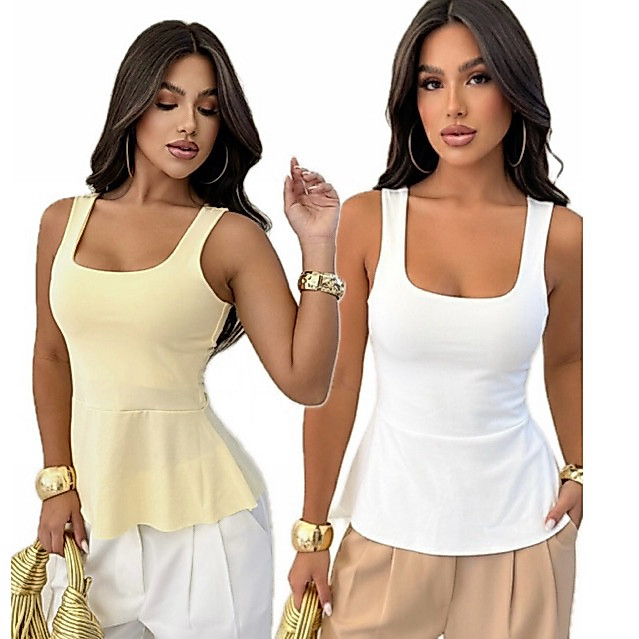 Kit 2 Blusa Feminina Peplum Suplex Bata Cintura Marcada | Blusinha Básica Estilosa Moda Social Casual Elegante Verão