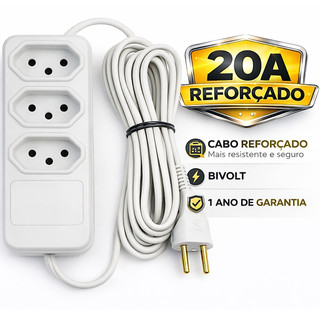 Extensão Elétrica 20A 3 Tomadas Bivolt 110 / 220V Fio Reforçado 1M/2M/3 Metros Para Airfr…