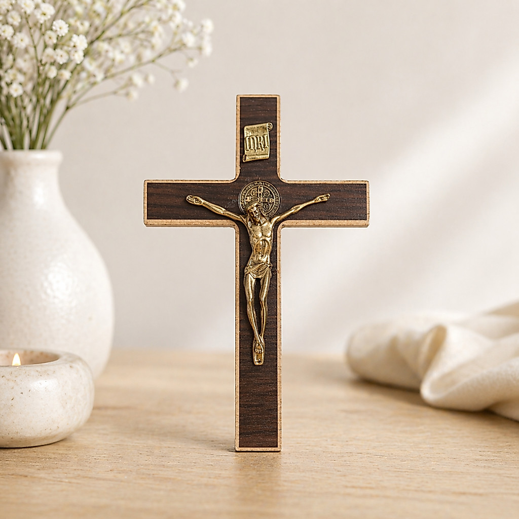 Crucifixo São Bento Madeira Estátua Religiosa Católica Decoração Altar Parede Presente Fé Imagem Religiosa Santo