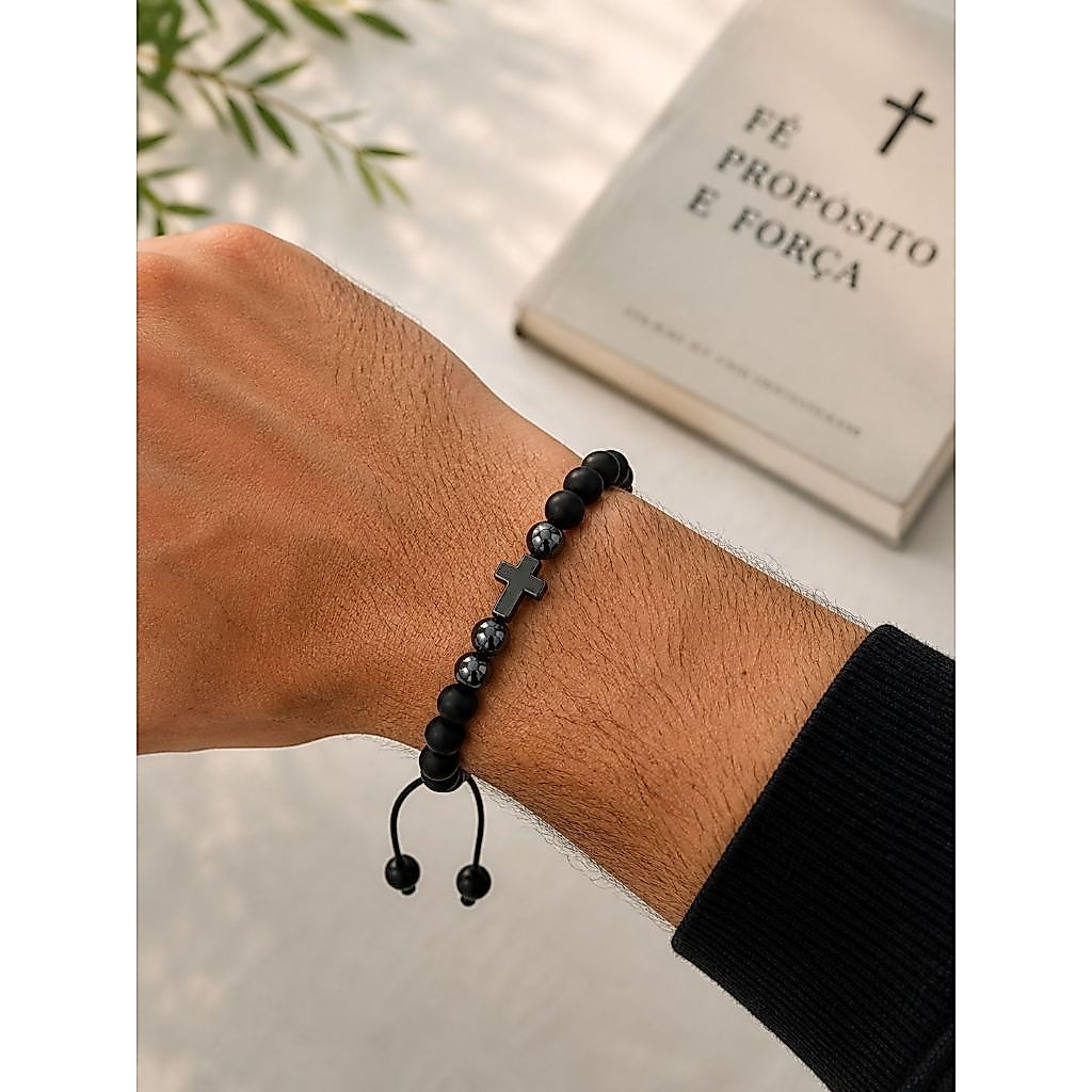 Pulseira Masculina Feminina Pedra Emborrachada Fosca Com Cruz Pedra Natural Hematita Ajustavel