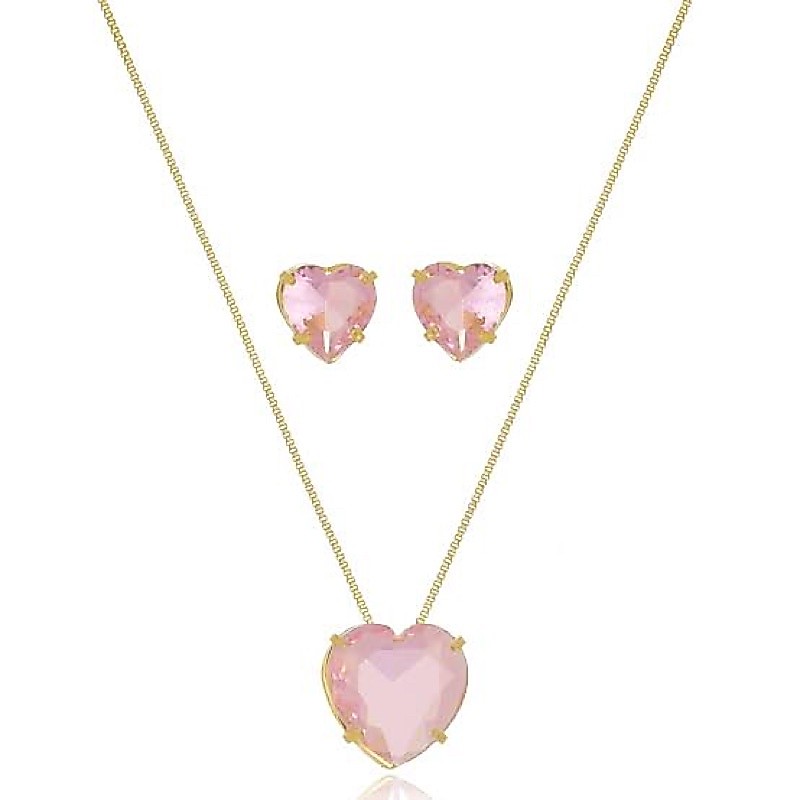 Colar e Brinco Coração Zircônia Rosa Banhado A Ouro 18k — imagem 2 de 2