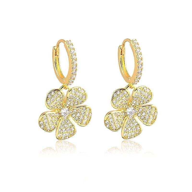 Brinco Feminino Argola Flor Cravejada Para festa, dia a dia, Folheada ou Rodio Branco, Moda Mulher elegante BR49 — imagem 2 de 2