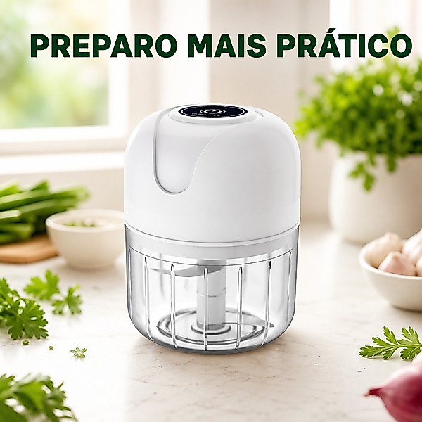 Mini Processador Elétrico de Alimentos com Copo Transparente e Lâminas para Alho, Cebola, Ervas e Preparo Rápido e Fácil