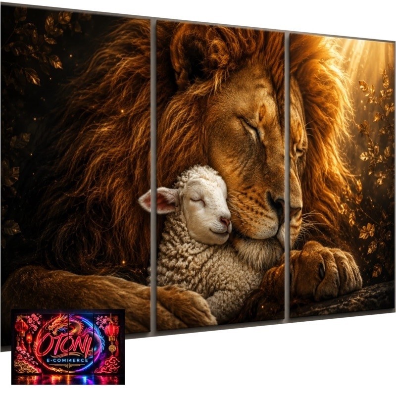 Quadros Decorativos Leão e Cordeiro Religioso Kit 3 Peças Decoração Sala Quarto Escritório Decoração