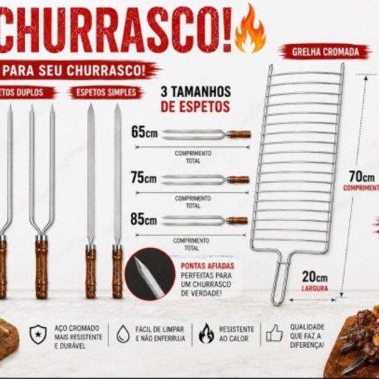 ESPETOS E GRELHA PARA CHURRASCO ESCOLHA SEU CONJUNTO