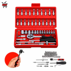 Jogo de Ferramentas 46 Peças com Catraca 1/4 Soquetes Extensões e Maleta LUATEK LWJ-139