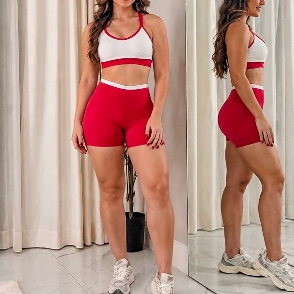 Conjunto Fitness Feminino Cintura Alta com Bojo – Top e Short Academia Zero Transparência Modelador Compressão Premium