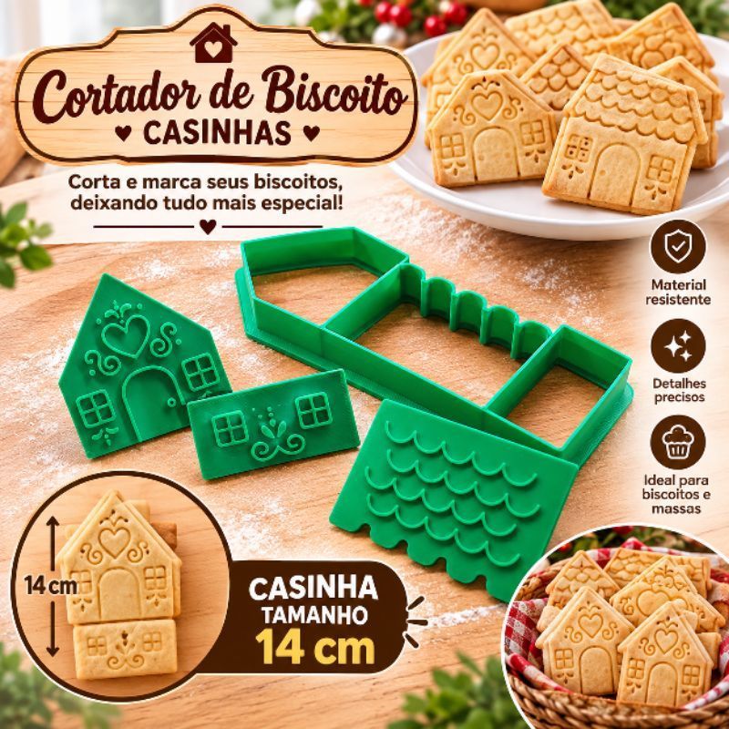 kit cortador de biscoito + carimbo casinha 14cm casinha natalina ideal para confeitaria massa,bolo,pasta americana natal