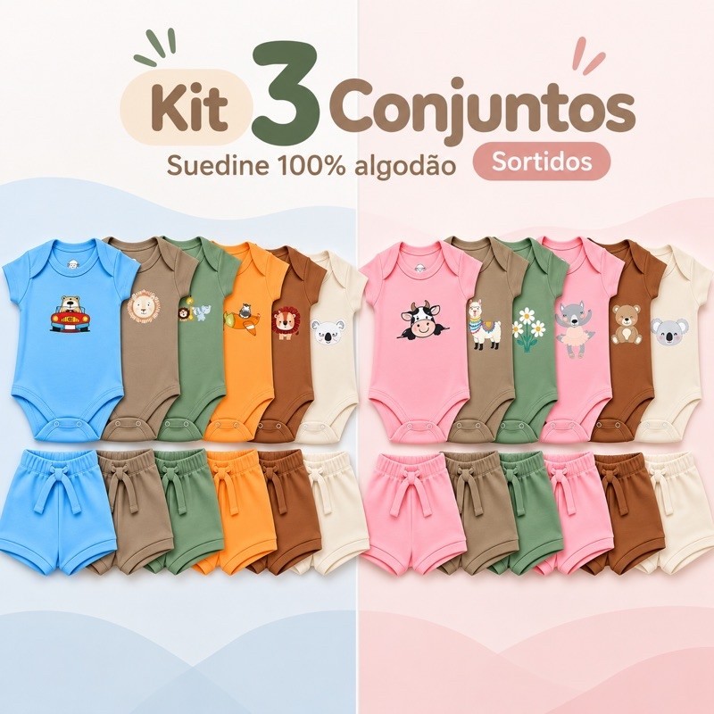 KIT 3 CONJUNTOS SORTIDOS BEBÊ MENINO BODY ESTAMPADO + BERMUDA SUEDINE 100% ALGODÃO