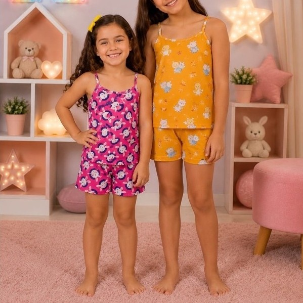 Pijama Infantil Menina Verão Regata de Alcinha e Short Estampado Algodão Confortável