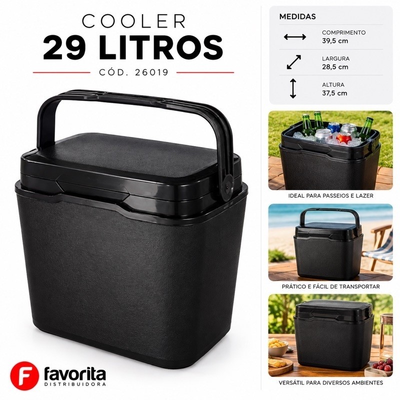 Cooler Térmico 29L Preto Caixa Térmica Portátil Praia Camping Churrasco TOY 26019