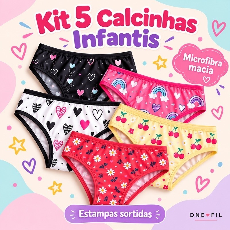 Kit 5 Calcinhas Menina Moça Juvenil em Microfibra | Estampadas e Lisas com Forro 100% Algodão