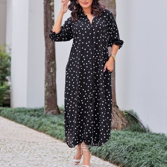 Vestido Chemise Longo Feminino Poá Manga 3/4 em Viscolinho com Cinto e Bolsos