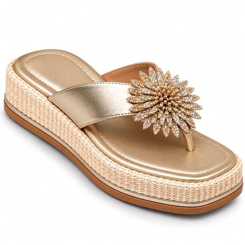 Tamanco Plataforma Feminino Trançado 4 cm com Flor | Chinelo Flatform Confortável | Preto e Dourado