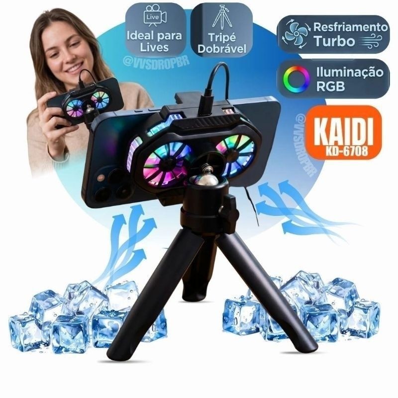 Suporte Cooler Resfriador Celular Gamer Kaidi Kd-6708 Com Mini Tripé Dobrável Led Rgb Display Para Live