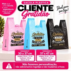 Kit 100/200un Sacola Plástica Alça Camiseta Gratidão Cliente Loja Presente Embalagem PEAD 30x37cm e 37x47cm