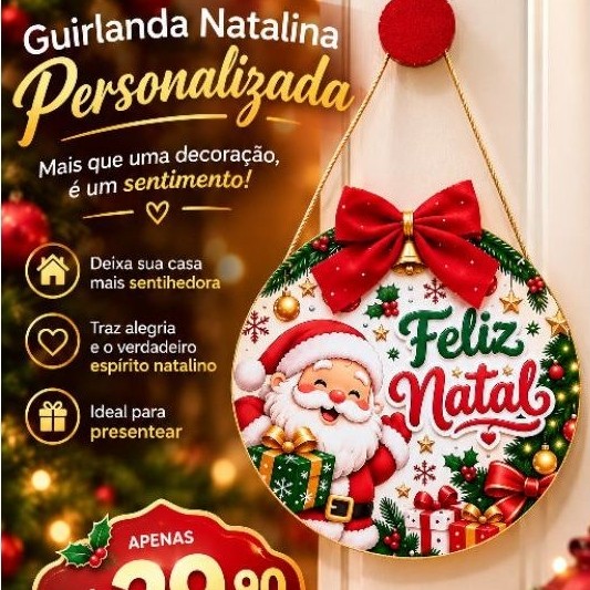 Placa de Decoração de Natal Redonda Feliz Natal com Laço Vermelho e Papai Noel