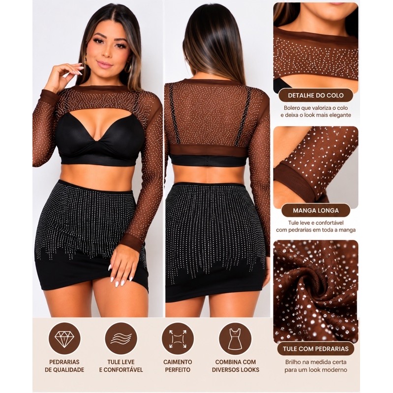 BLUSA CROPPED TELA BOLERO MANGA LONGA TOQUE TULE TRABALHADO NA PEDRARIA STRASS BRILHO MODA BALADA GRINGA BLOGUEIRA