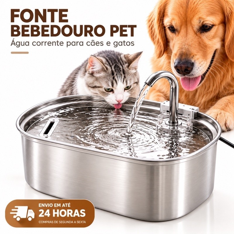 Fonte de Água para Gatos e Cães 3,2L com Filtro, Recipiente Inox e Bomba USB