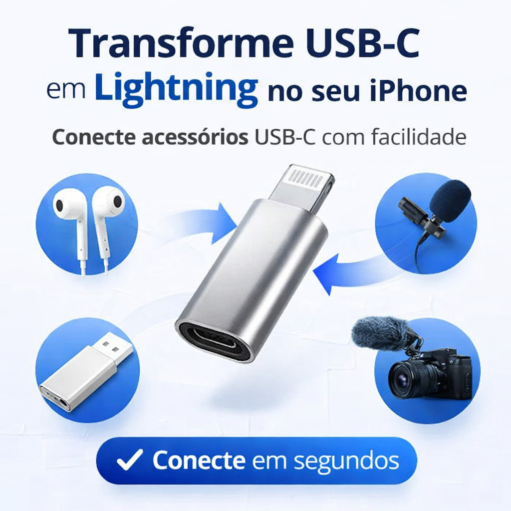 Adaptador USB C Para Lightning iPhone Conversor USB C Fêmea Lightning Macho Compatível iPhone 14 13 12 11 X XR XS
